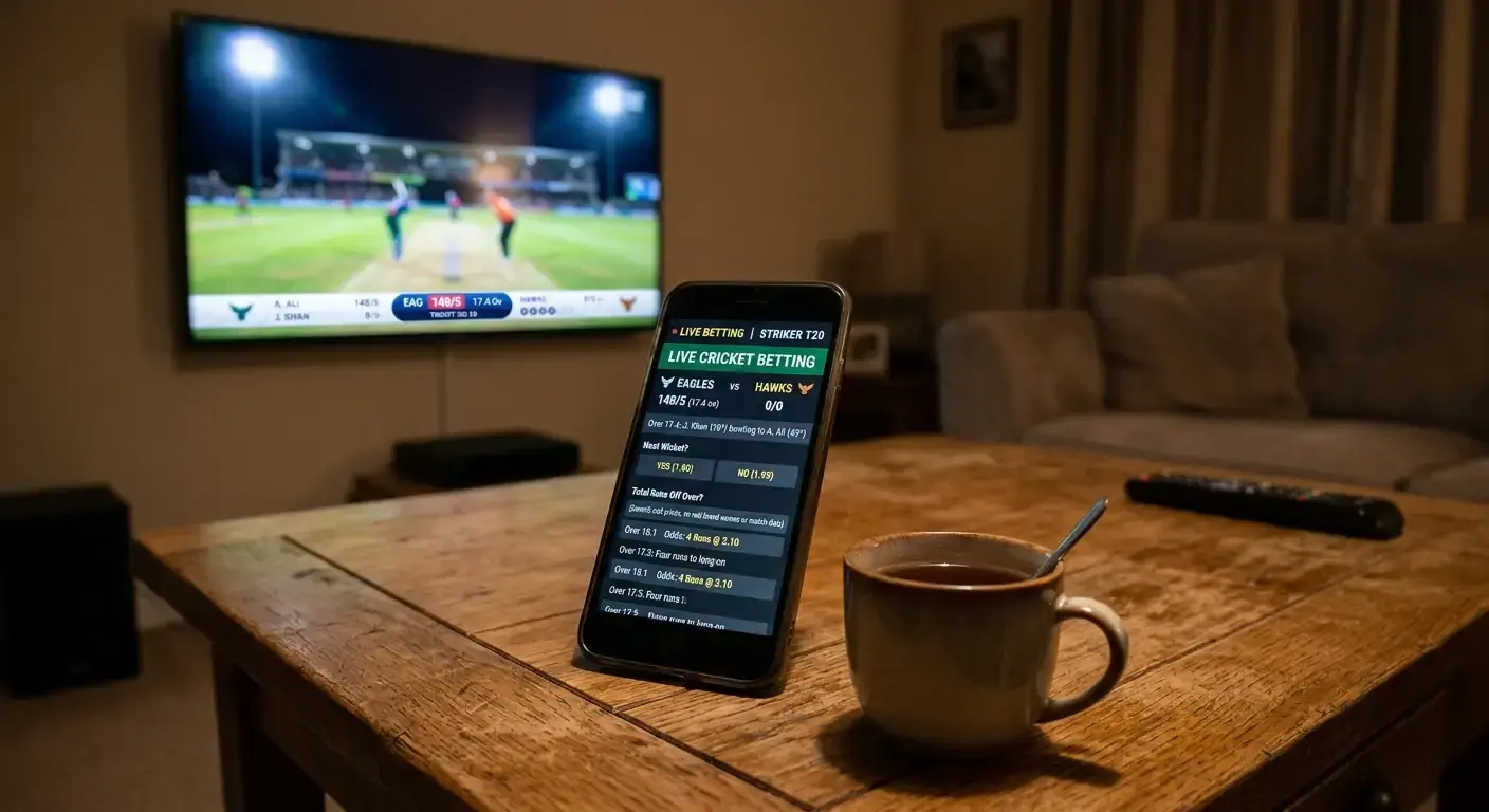 In-play cricket betting UK on a smartphone with a live T20 match on television