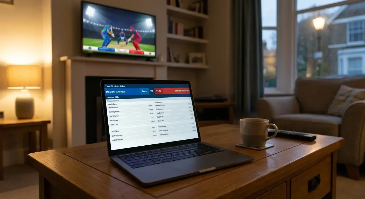 Laptop showing a generic IPL betting market with an Indian Premier League style match in the background