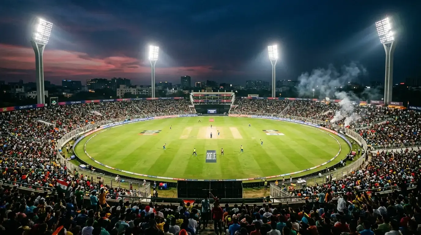 Floodlit IPL T20 cricket stadium in India during an evening match