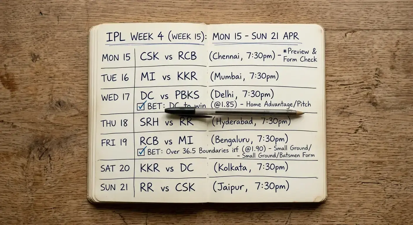 Notebook page with a written weekly plan for tracking IPL fixtures and selective bet selections