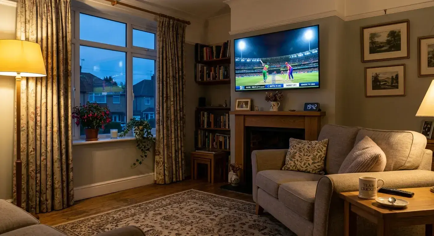 UK living room with an IPL T20 match streamed on a television in the early evening