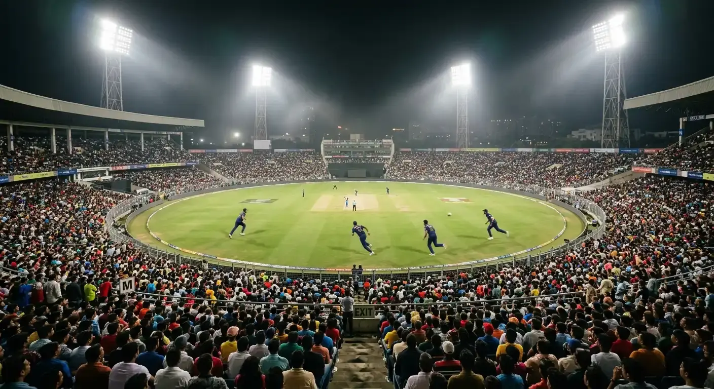 Floodlit T20 stadium full of supporters with a cricket match under way