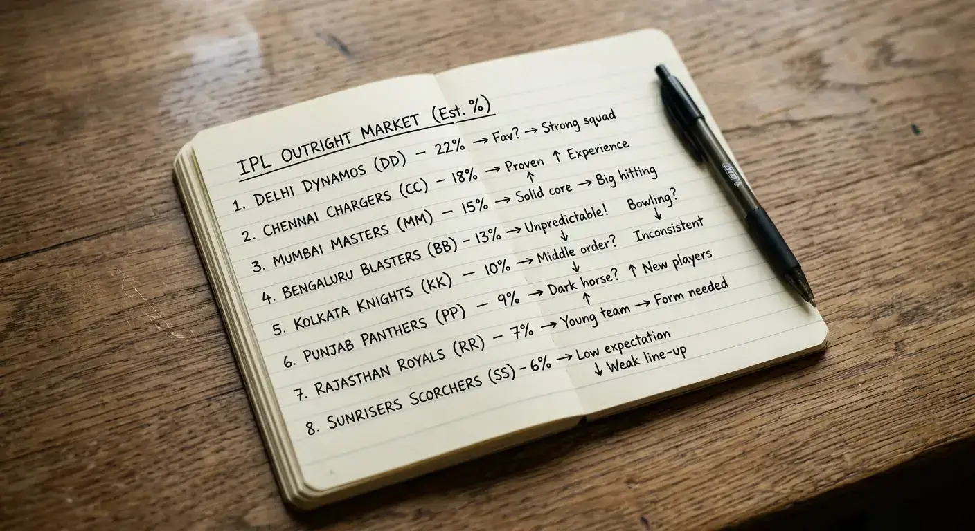 Notebook listing IPL outright tournament outcomes ranked by handwritten probability estimates