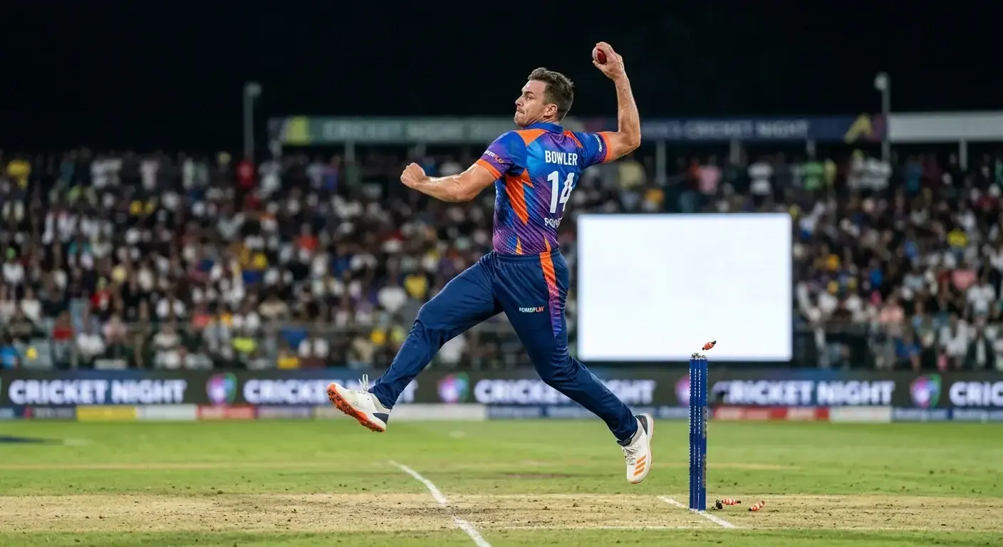 Fast bowler in colourful T20 kit at his delivery stride against an unidentified franchise opponent