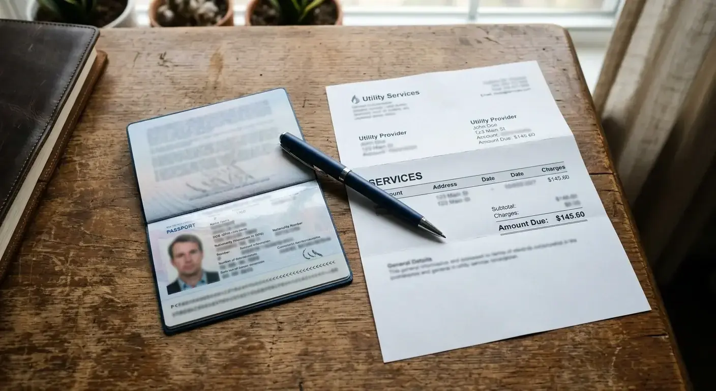 Photo ID document and utility bill laid out as KYC documents for a UK cricket betting site
