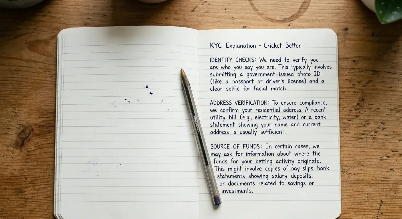 Notebook explaining what KYC verification actually checks for UK cricket betting accounts