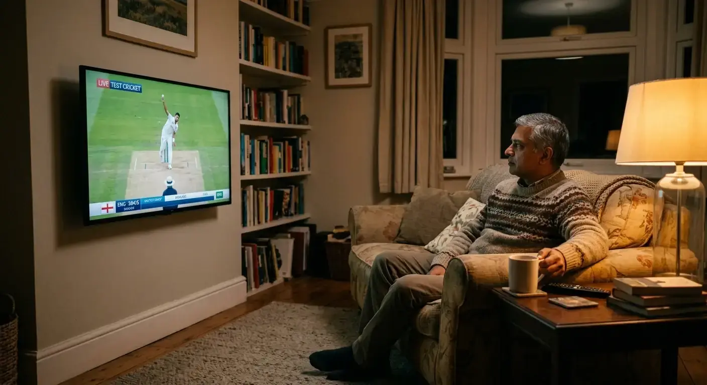Cricket fan watching a Test match on TV with no betting interface in sight