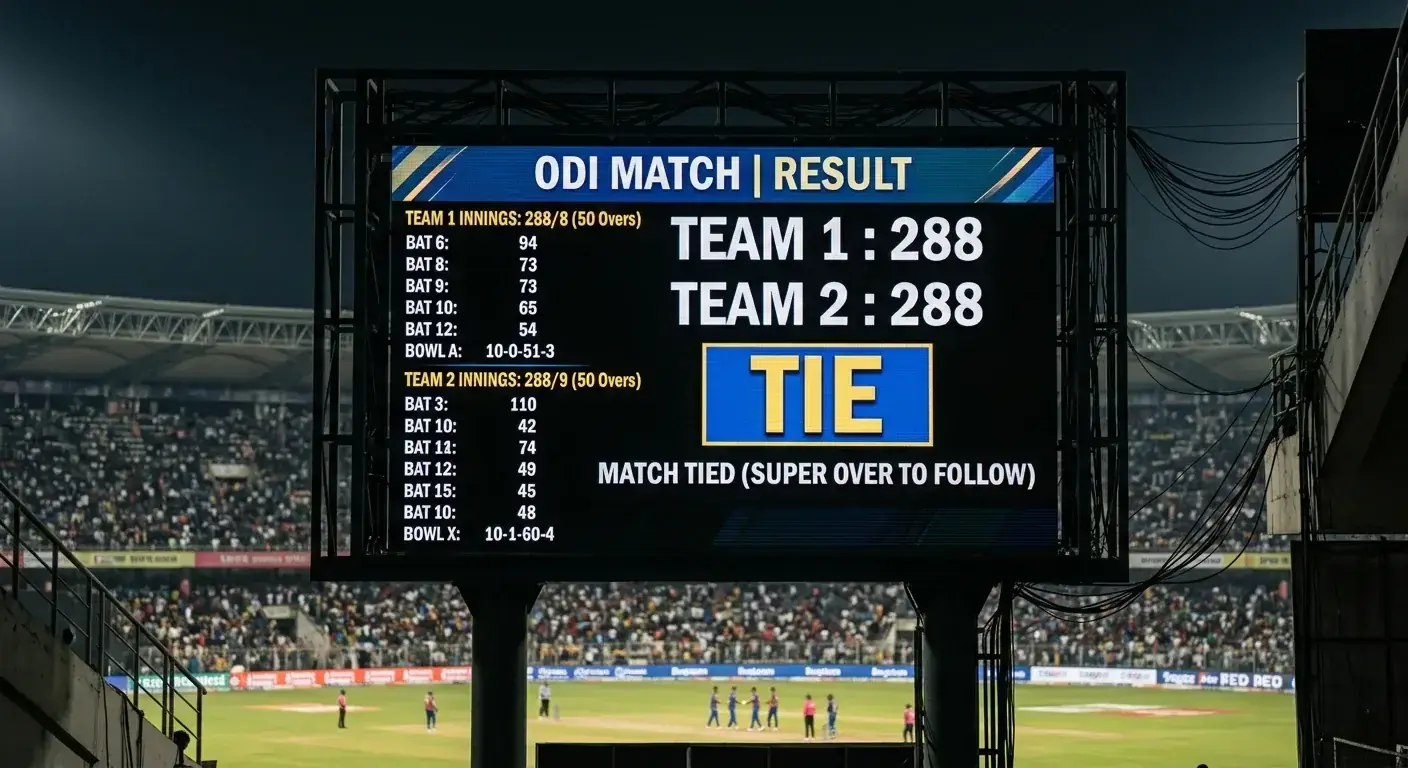 Limited-overs tied match scoreboard showing both sides finishing on equal totals