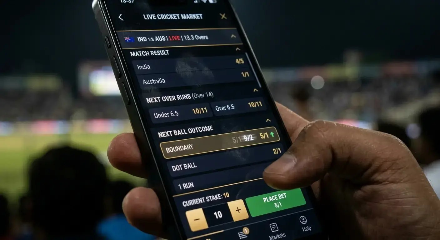 Cricket live betting market updating odds on a mobile phone screen during play