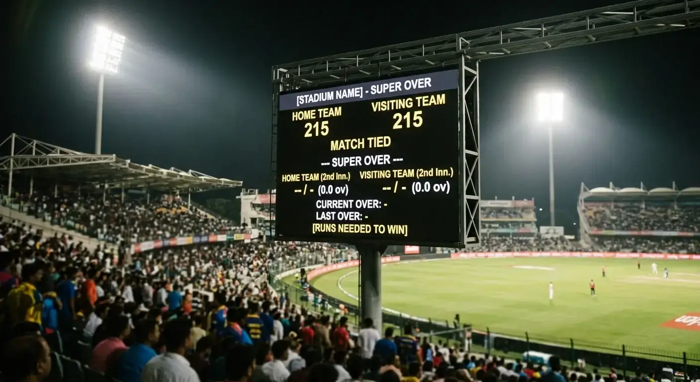 Electronic scoreboard showing a tied first innings total and a super over decider line