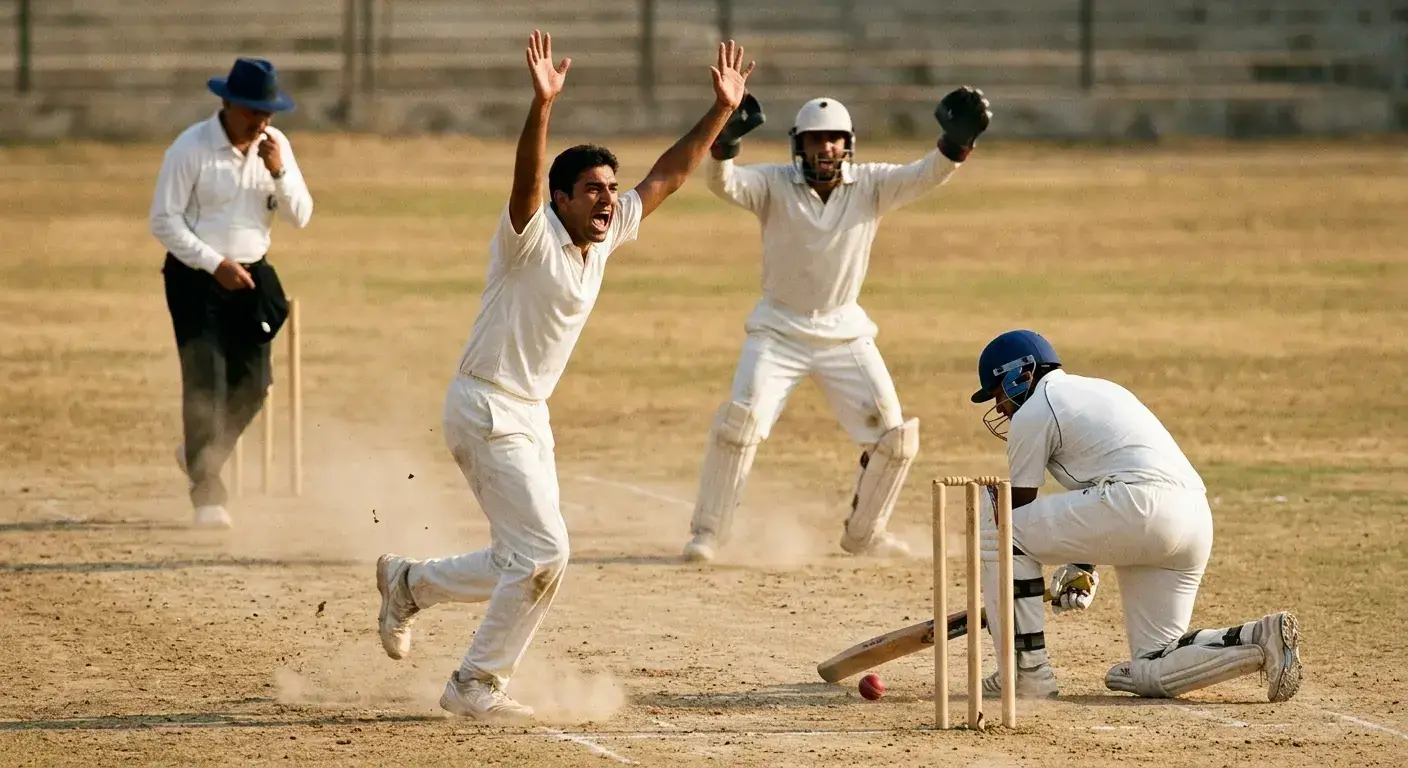 Cricket fielders appealing for an LBW dismissal on a sub-continental pitch