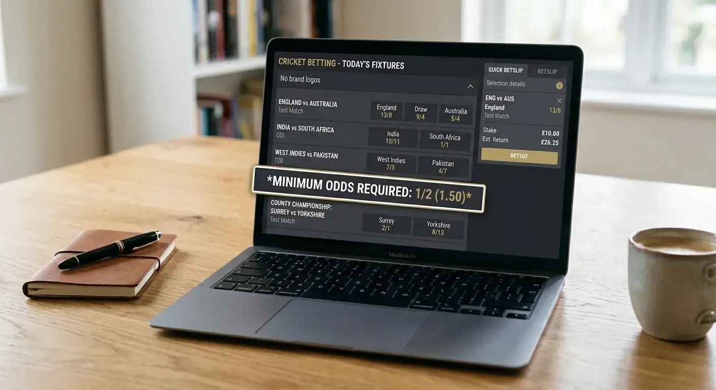Laptop showing fractional cricket odds with the minimum qualifying odds line highlighted