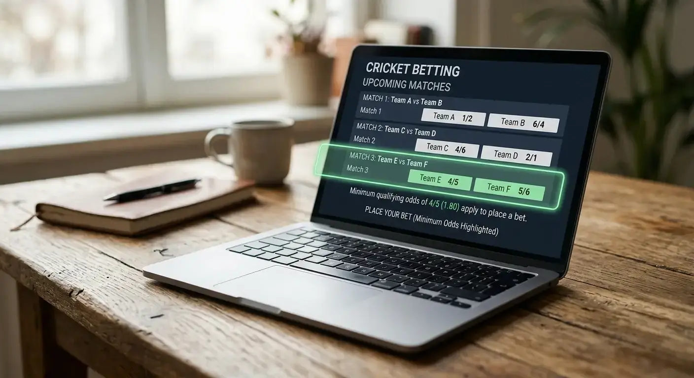 Laptop screen showing fractional cricket odds with a minimum qualifying threshold highlighted