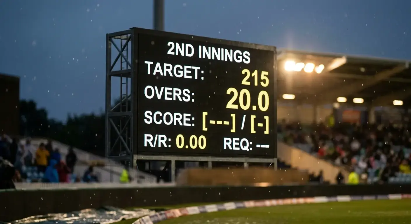 Cricket scoreboard showing twenty overs completed in the second innings before rain