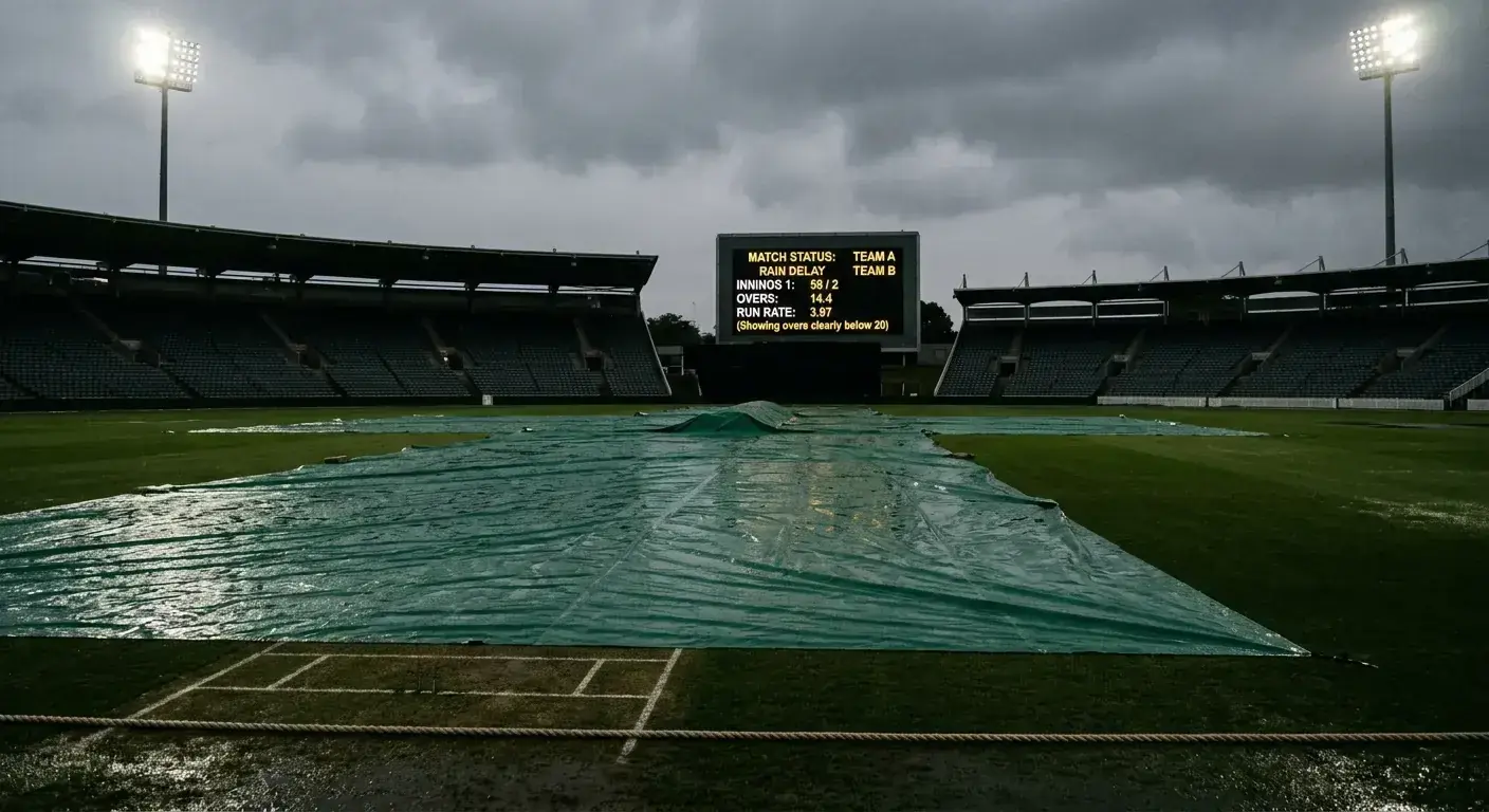 Rain covers across a cricket pitch with the scoreboard showing fewer than twenty overs bowled