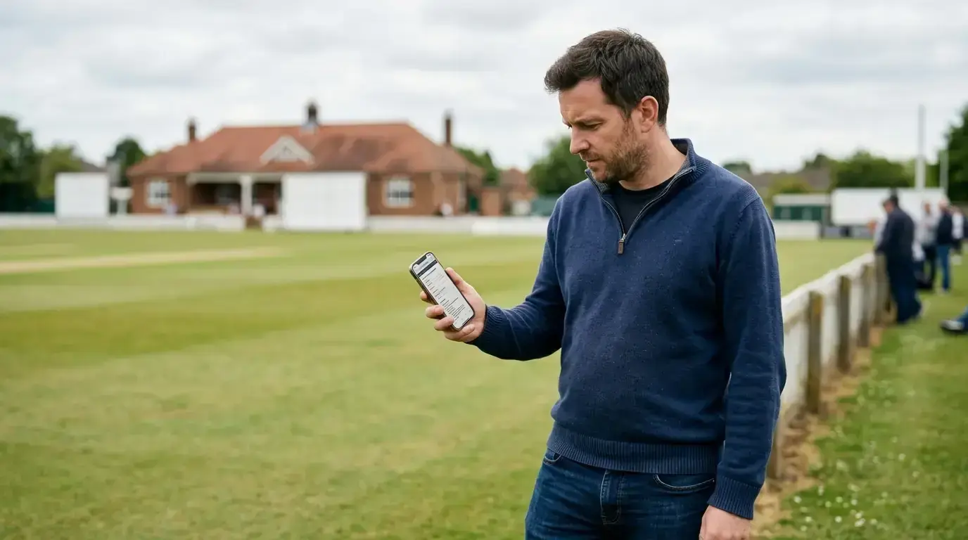 UK cricket bettor checking an operator licence on a mobile phone outside a county ground