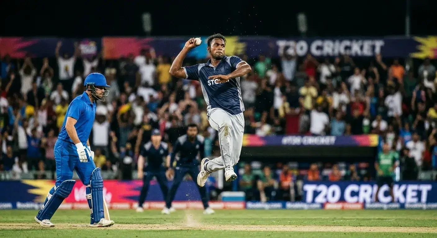Cricket fast bowler running in to deliver a death over with batter at the crease