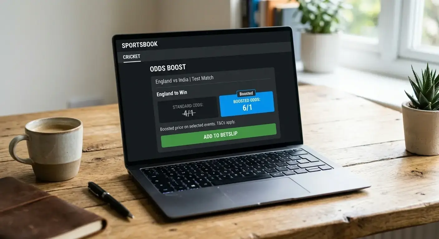 Laptop showing an odds-boost cricket promotion with the boosted price highlighted