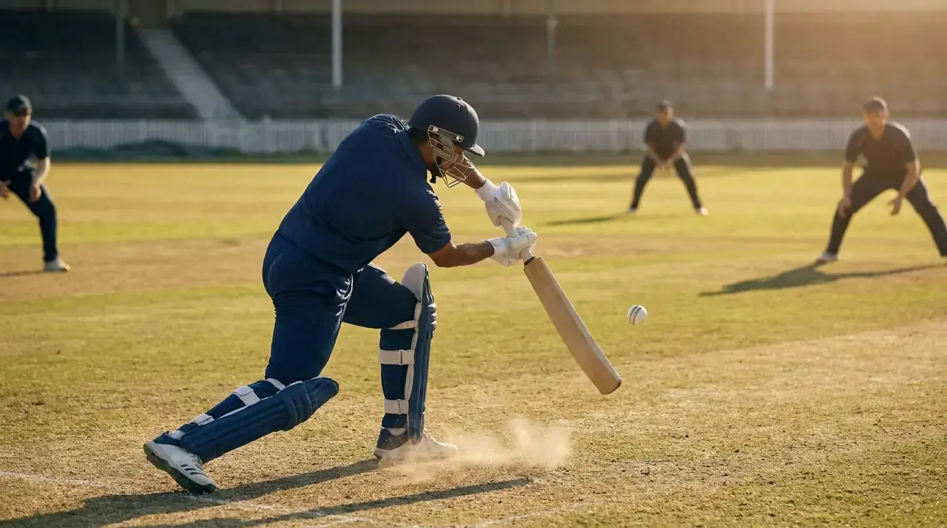 ODI batter in coloured kit playing a textbook cover drive against a fast bowler