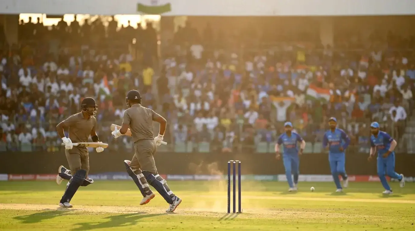 Fifty-over ODI match at a packed cricket ground with batters running between the wickets