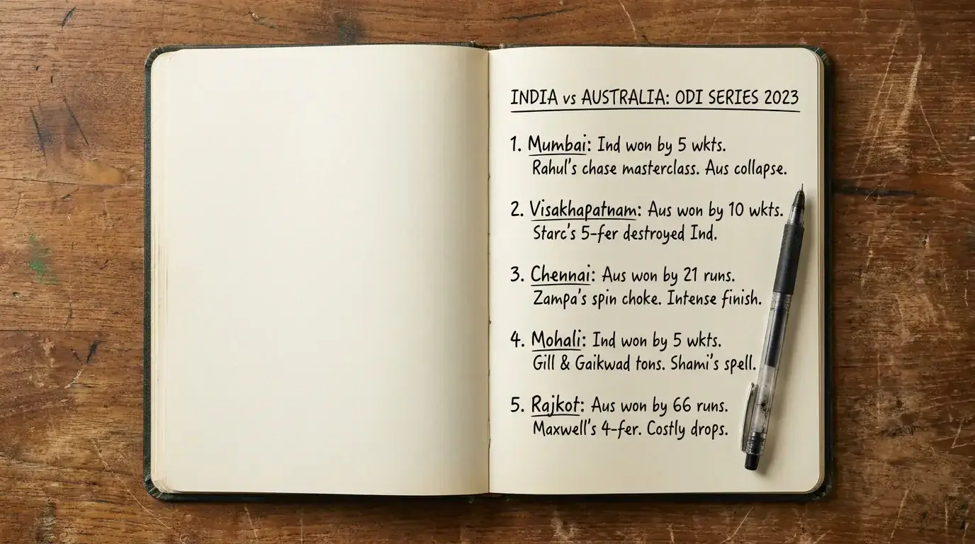 Notebook showing a written plan for a five-match ODI bilateral series betting approach