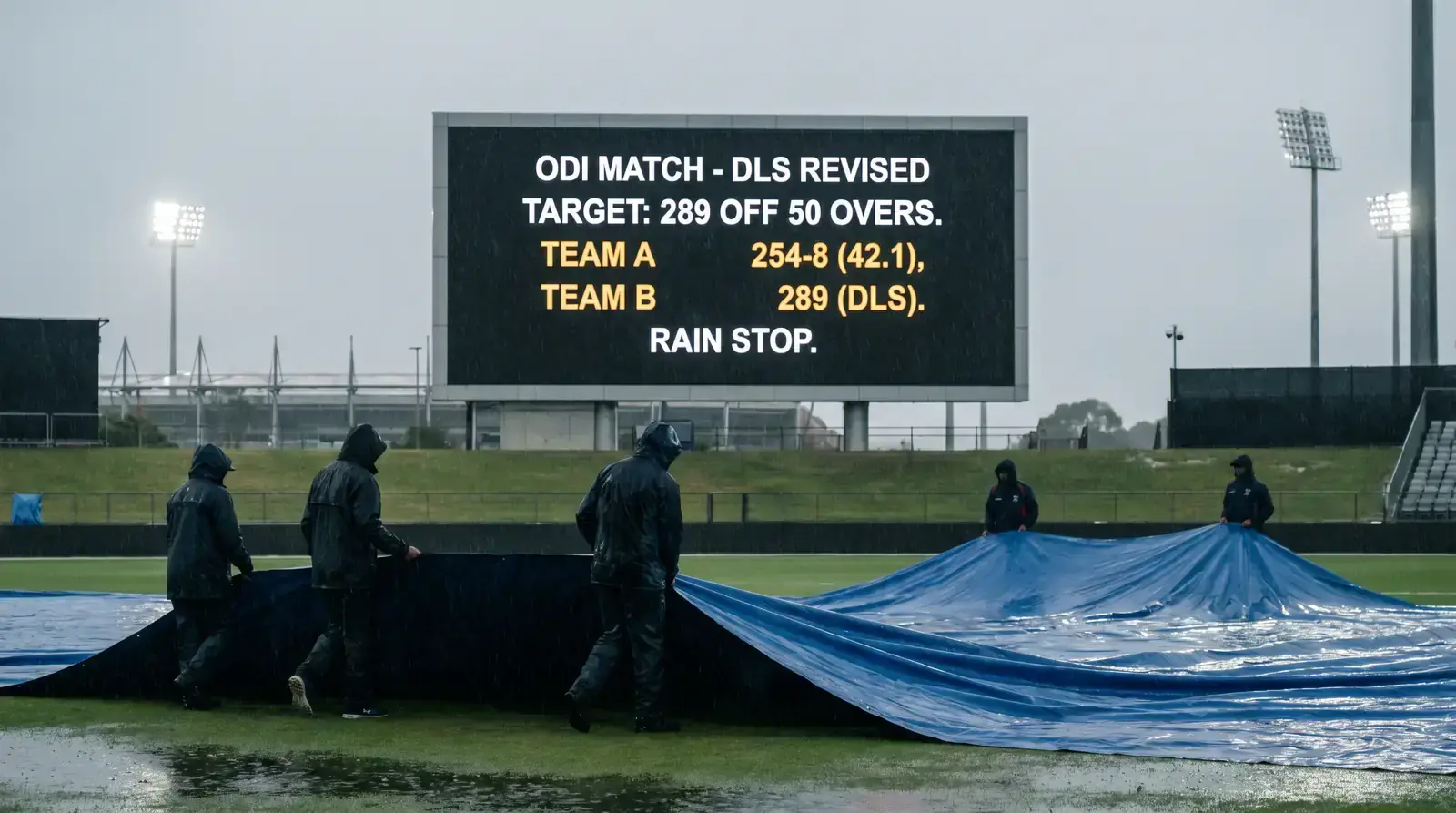 DLS revised target displayed on the scoreboard as rain covers come on during an ODI