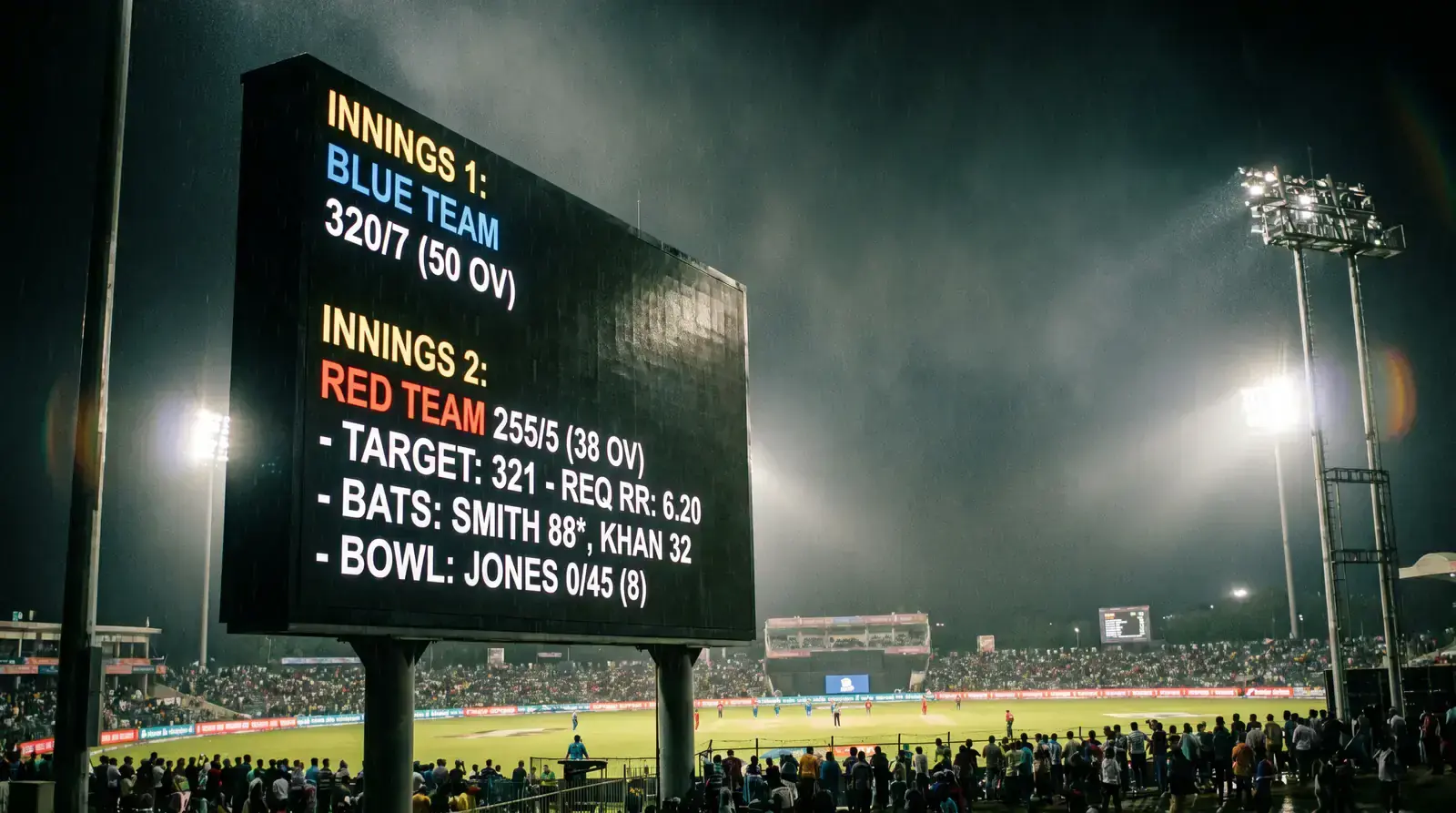 Modern electronic scoreboard mid-second-innings of an ODI with required run rate highlighted