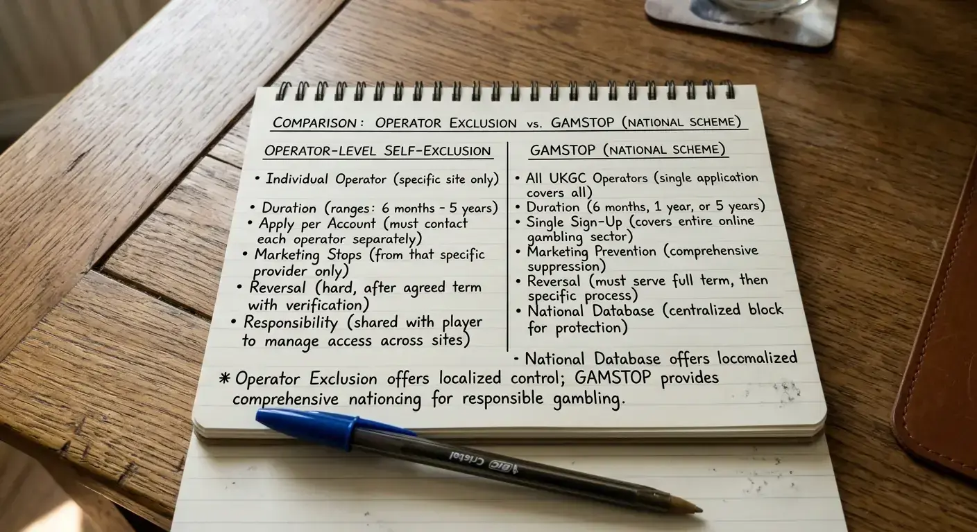 Notebook page comparing operator-level self-exclusion and national scheme for cricket bettors