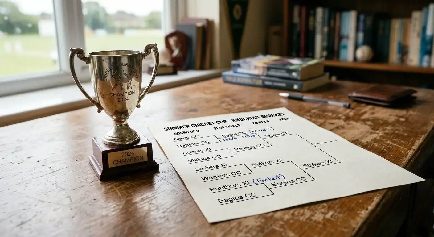 Generic cricket tournament trophy beside a printed knockout bracket showing outright pathway