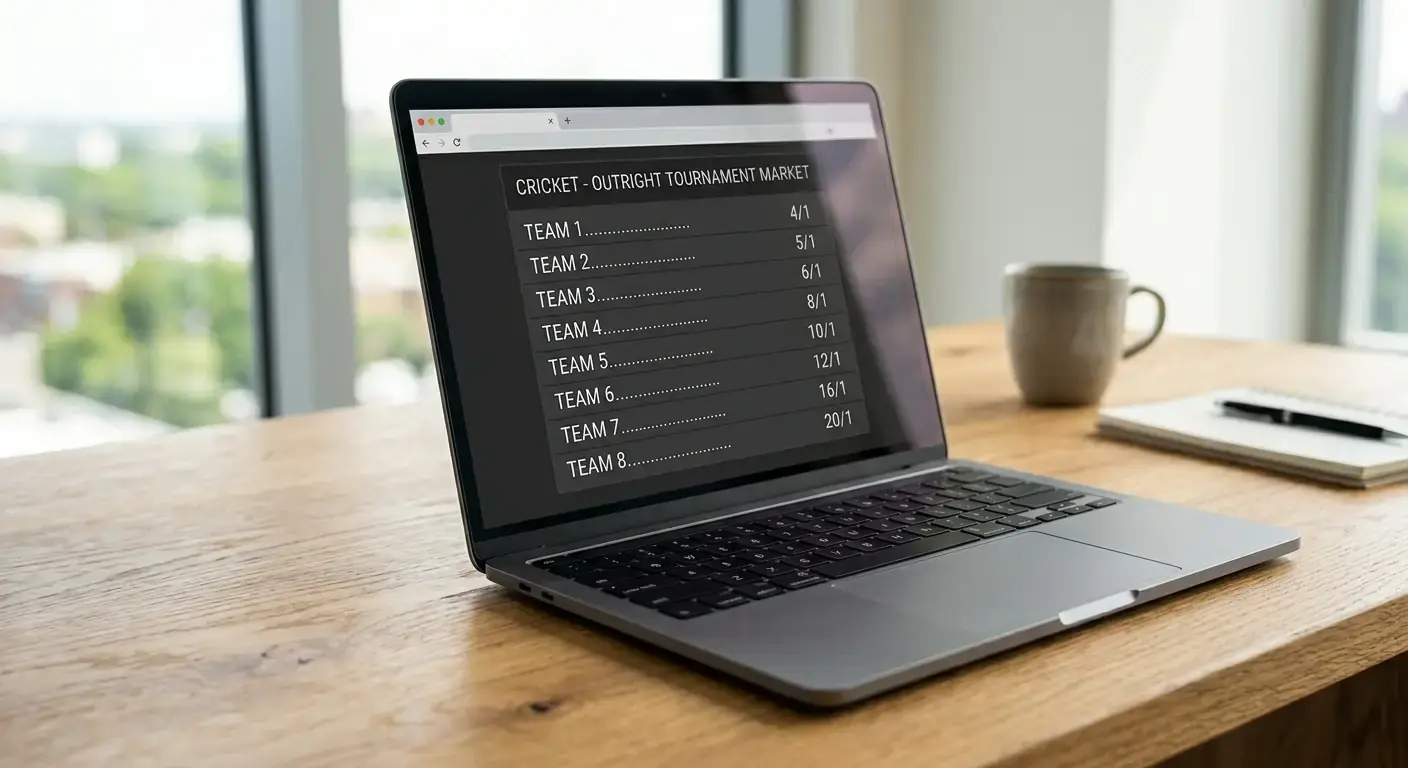 Laptop showing a generic outright cricket tournament market with multiple pre-tournament prices