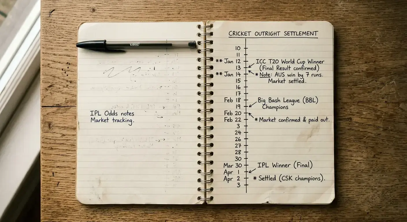 Notebook page tracking settlement timing for non-match outright cricket markets across the season