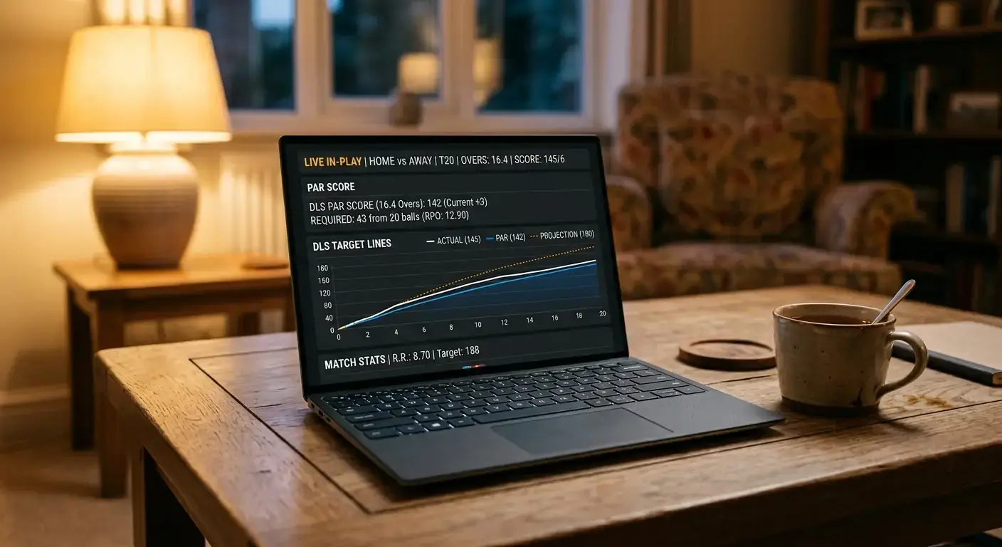 Laptop showing live cricket par score updating against a chasing team during a rain delay