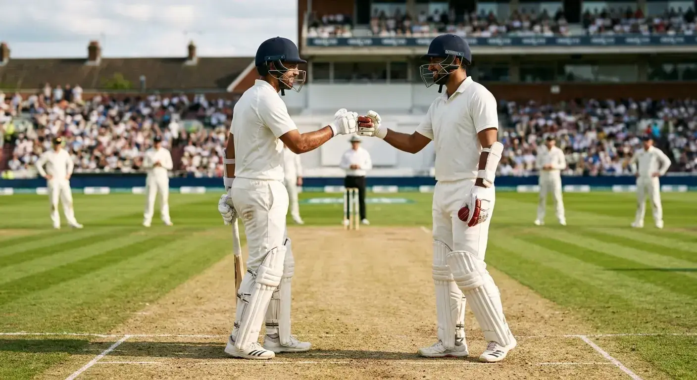 Two cricket batters meeting mid-pitch between deliveries during a partnership