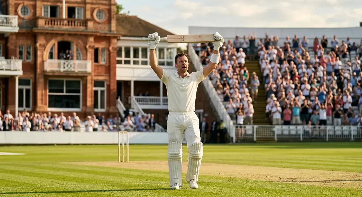 Cricket batter raising bat to celebrate a Test century in front of a crowd