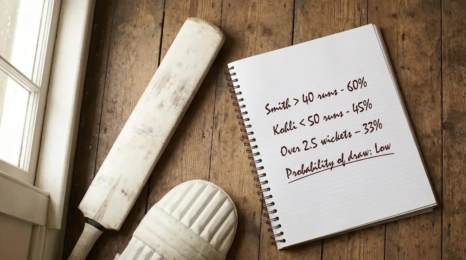 Cricket bat and pads laid out beside a notebook of handwritten player runs prop estimates