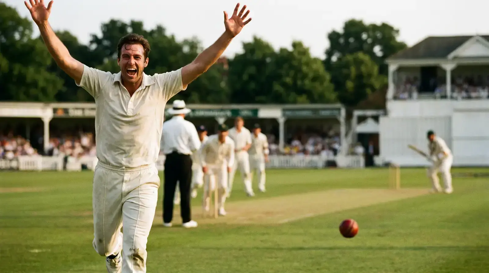 Fast bowler celebrating a wicket with hands raised against a blurred slip cordon