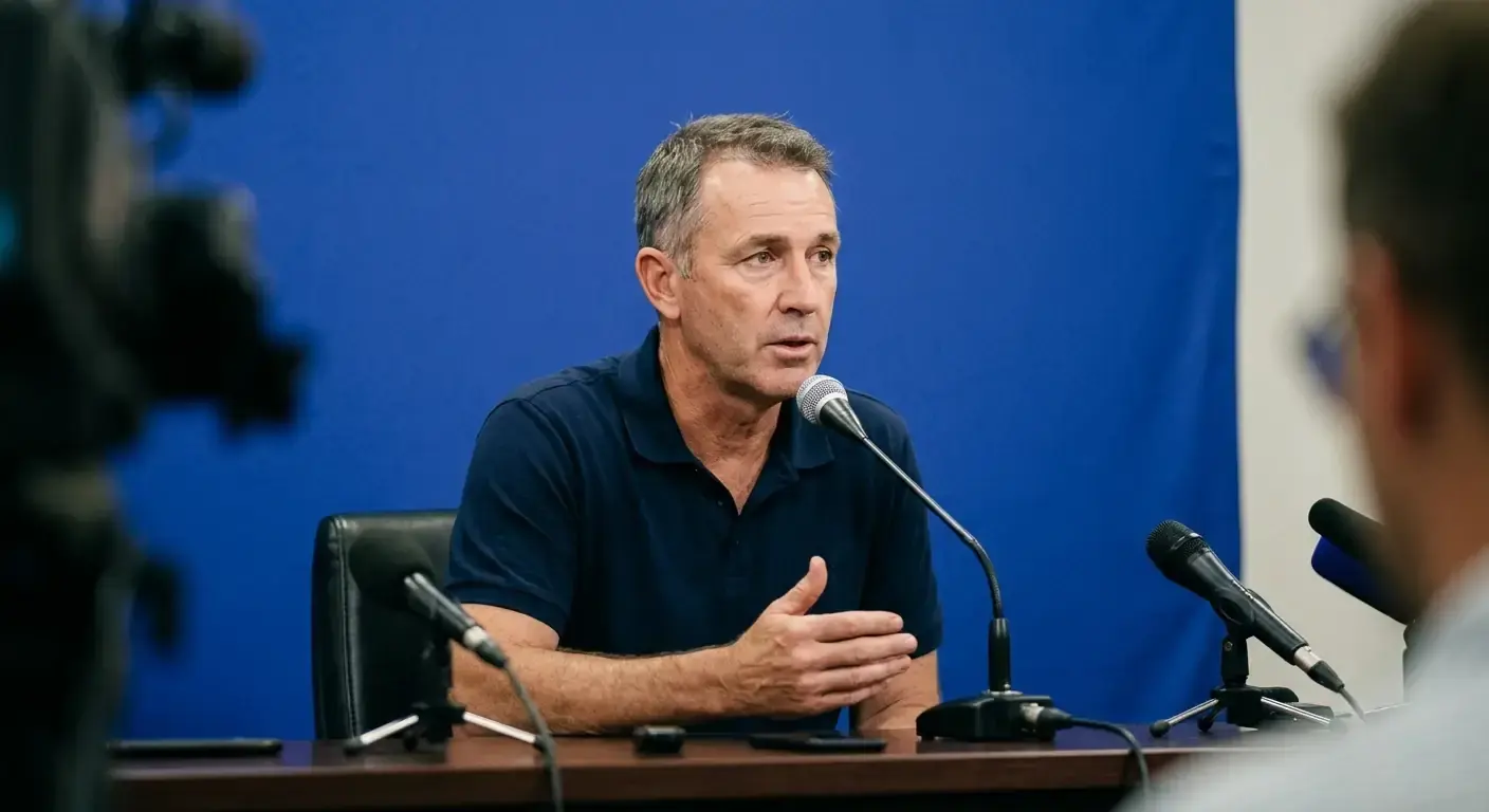 Cricket team coach speaking at a press conference desk announcing a player withdrawal