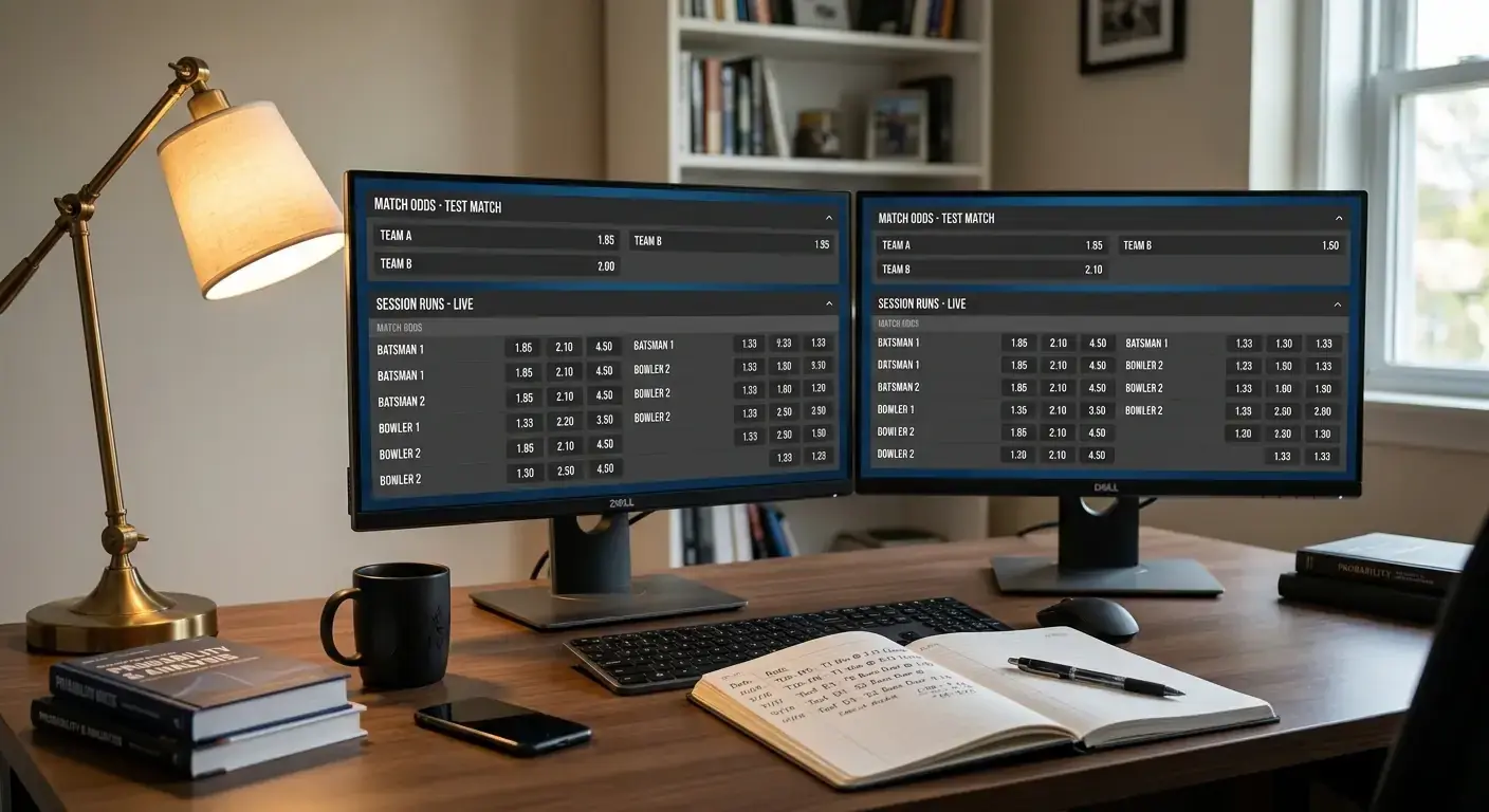 Professional bettor's desk with multiple screens of cricket markets and an open ledger notebook