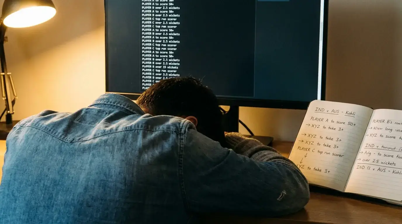 Cricket pricing analyst studying a screen of player prop markets with handwritten margin notes