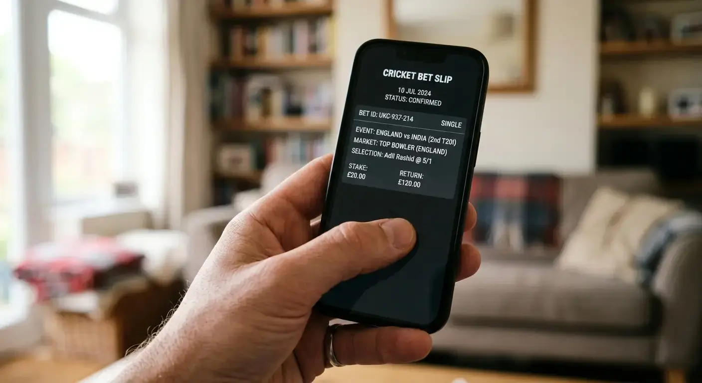 Cricket bet slip on a phone with no tax line indicated against a quiet desk background