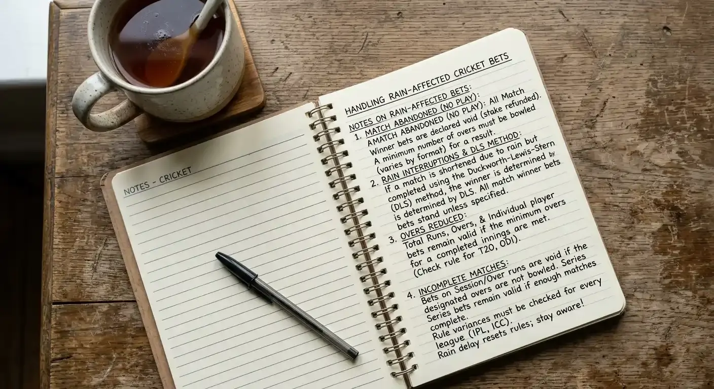 Quiet desk with a notebook of rain-affected cricket betting reflections and a mug of tea