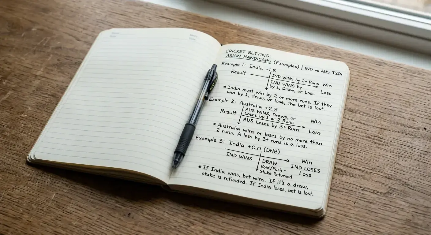 Notebook diagram of how to read Asian handicap lines for a cricket match