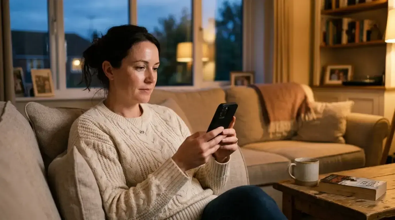 Quiet evening scene of a UK cricket fan setting a deposit limit on a sports betting app