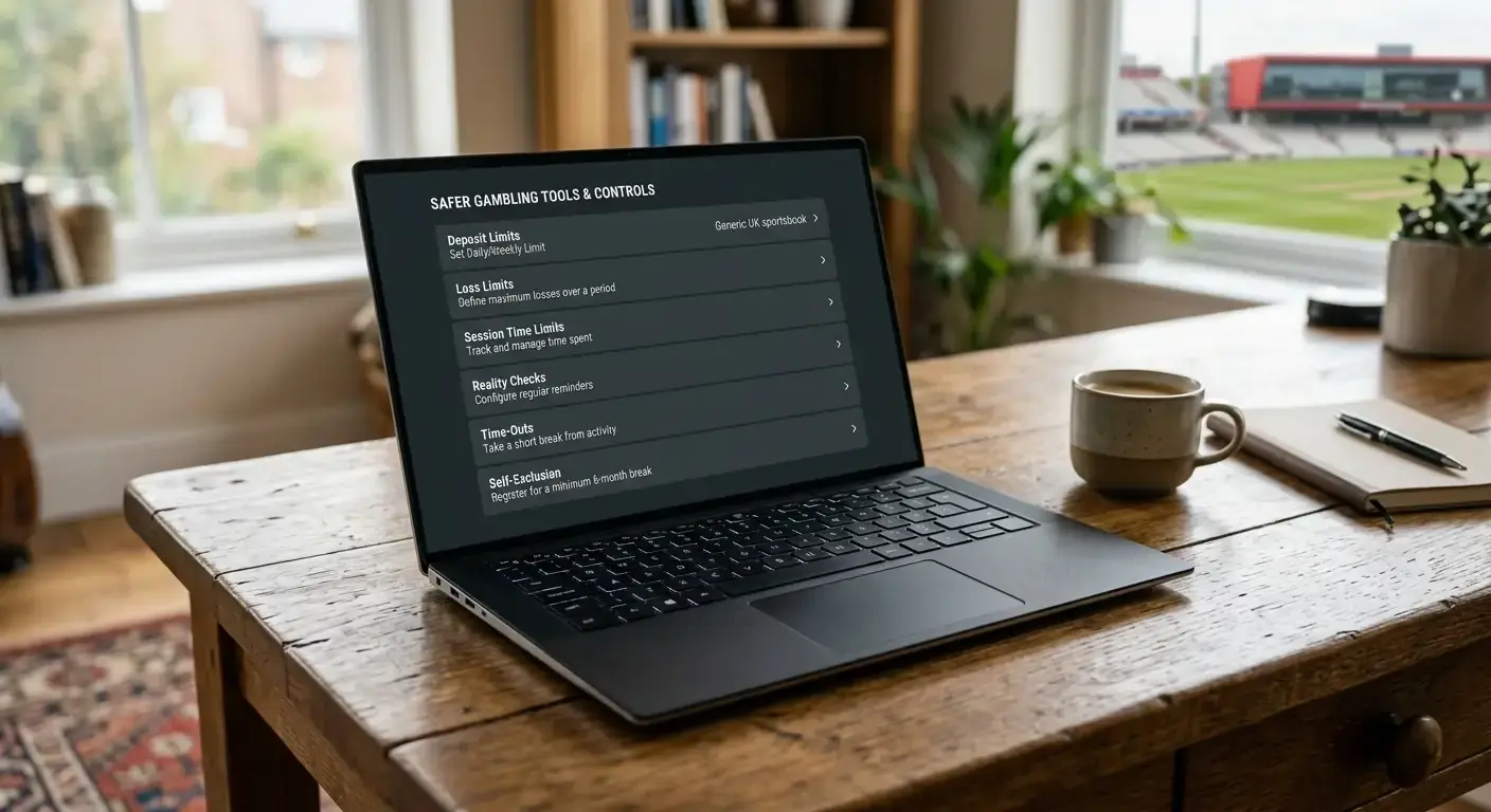 Cricket betting safer gambling tools settings page on a laptop with options visible