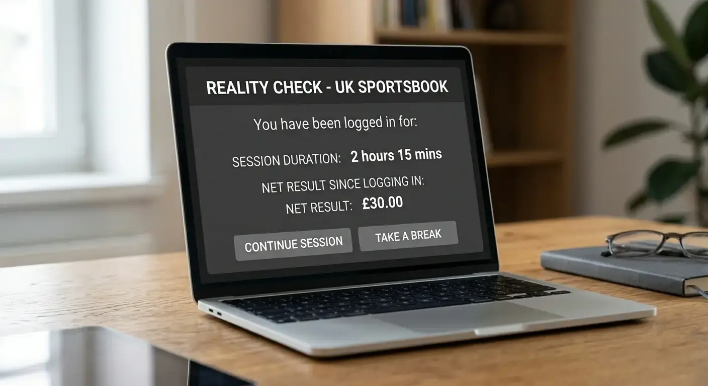 Reality check popup notification on a generic UK cricket sportsbook session interface