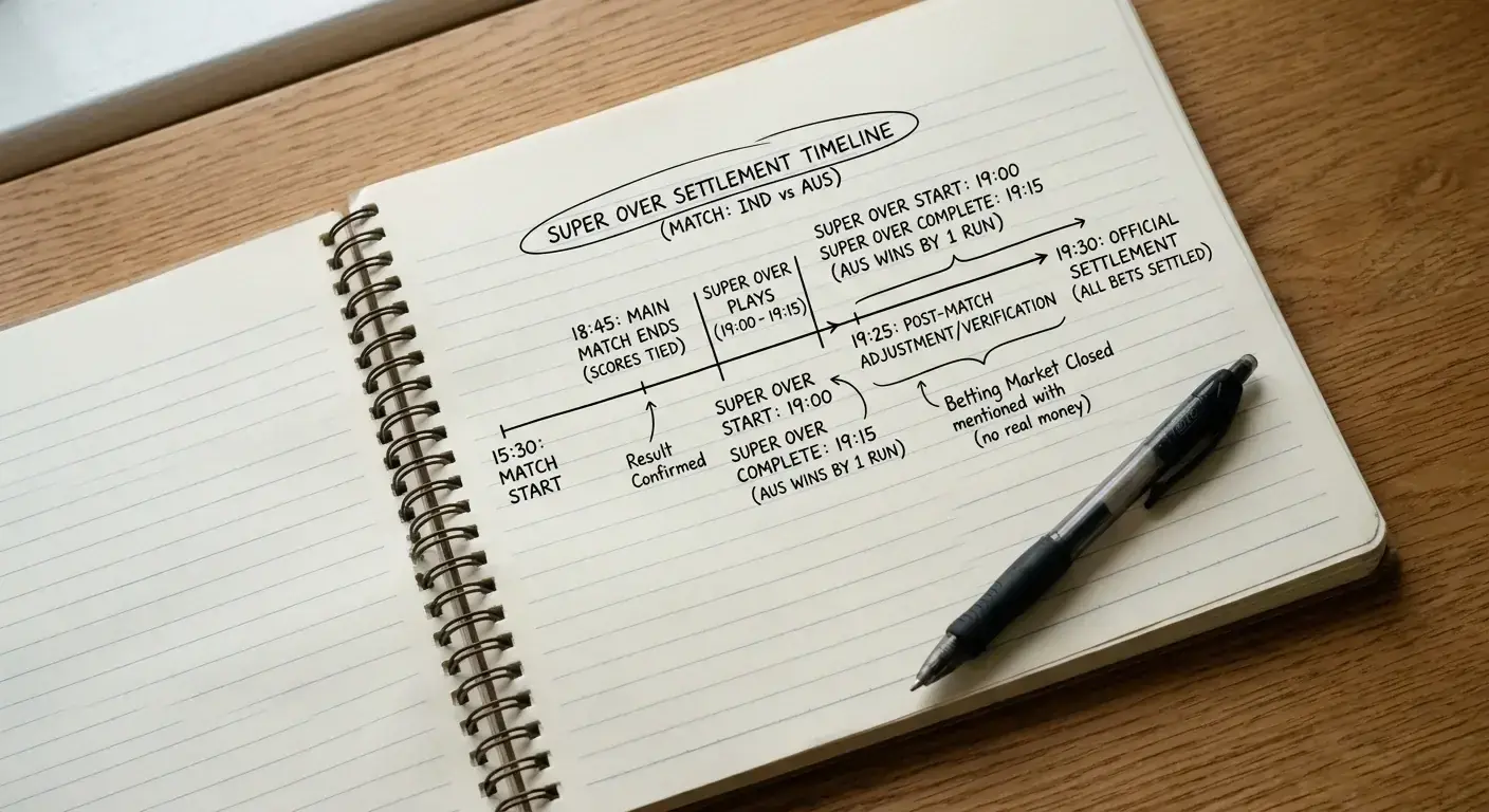 Notebook page tracking settlement timing on super over and main match cricket markets