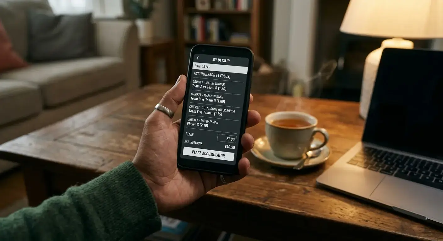 Casual cricket bettor placing a small-stake accumulator slip from a phone on the sofa
