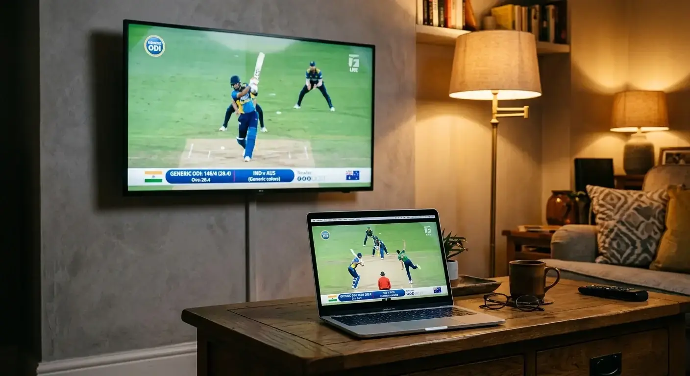 Television and laptop side by side showing the same cricket match with a visible delay