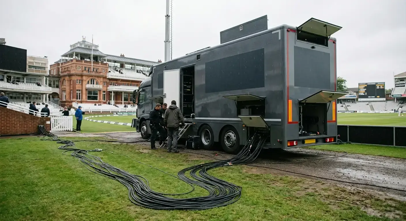 Outside broadcast truck with cables at a Test cricket ground covering a televised match
