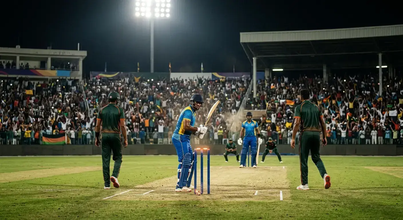 Floodlit cricket ground during a super over with batters preparing to face the first ball